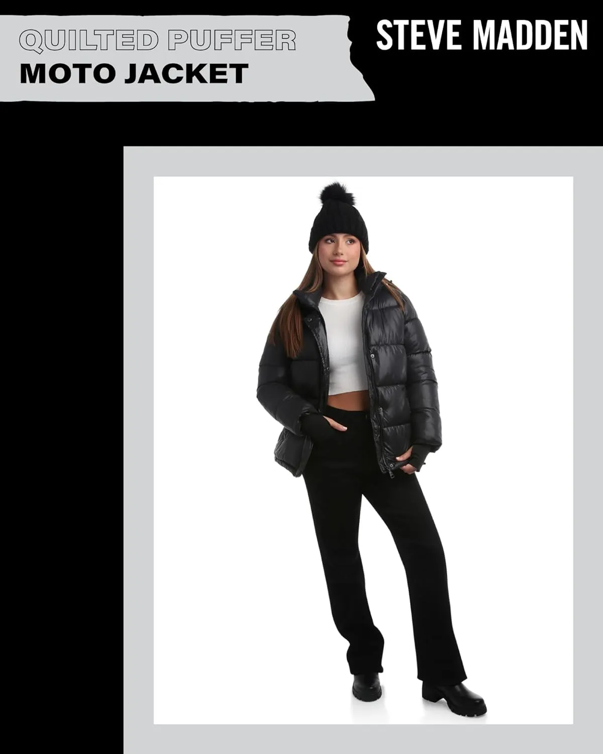 Steve Madden Quilted Moto Puffer Jacket - Heavyweight Hooded Winter Coat - Insulated Outerwear Jacket for Women (Sizes: S-XL)
