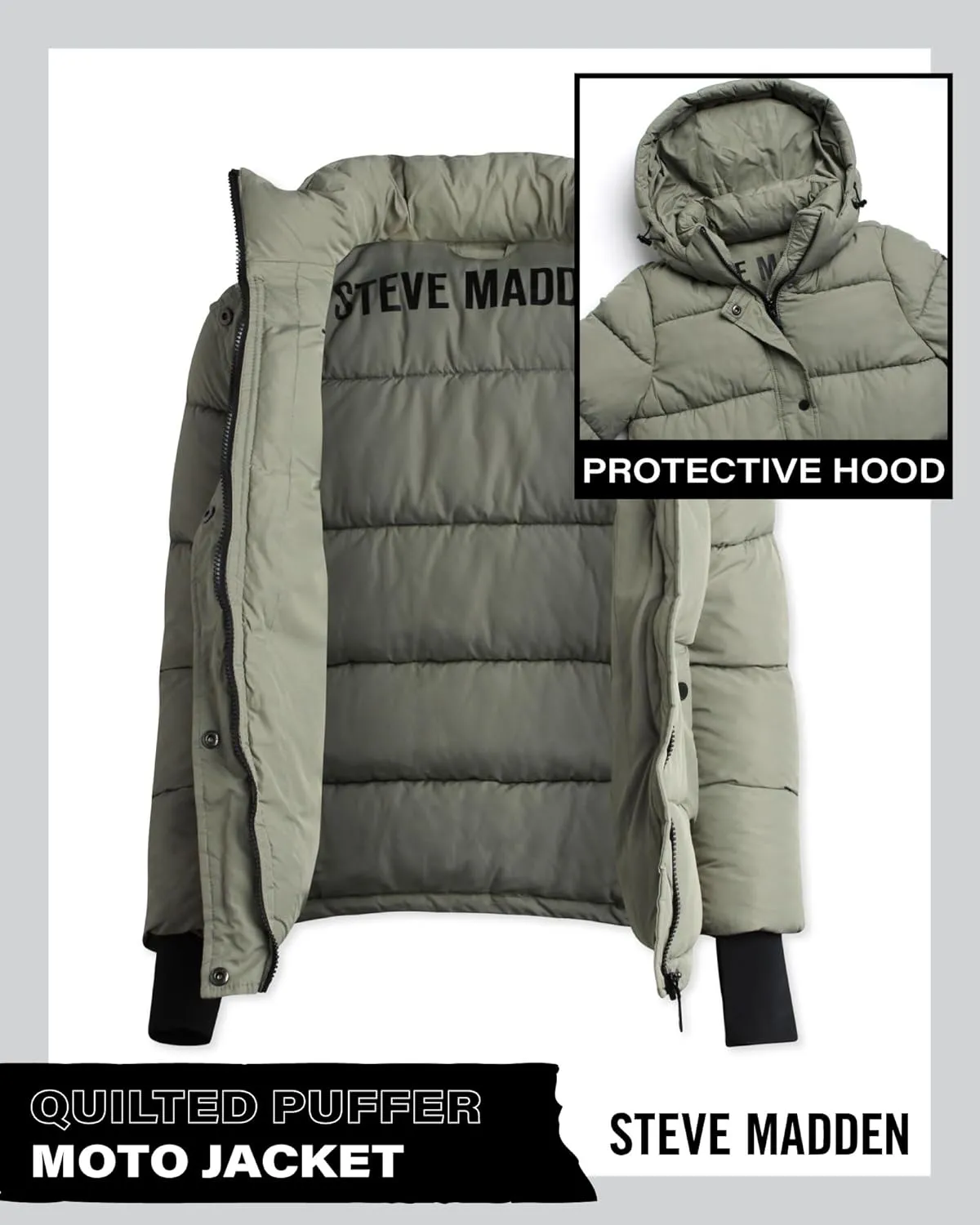 Steve Madden Quilted Moto Puffer Jacket - Heavyweight Hooded Winter Coat - Insulated Outerwear Jacket for Women (Sizes: S-XL)