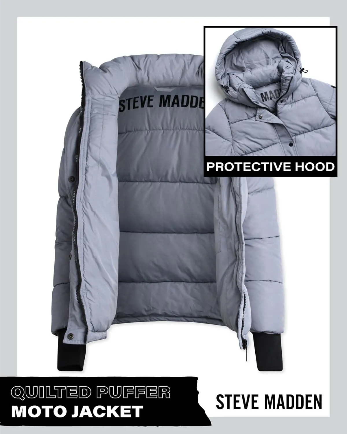Steve Madden Quilted Moto Puffer Jacket - Heavyweight Hooded Winter Coat - Insulated Outerwear Jacket for Women (Sizes: S-XL)
