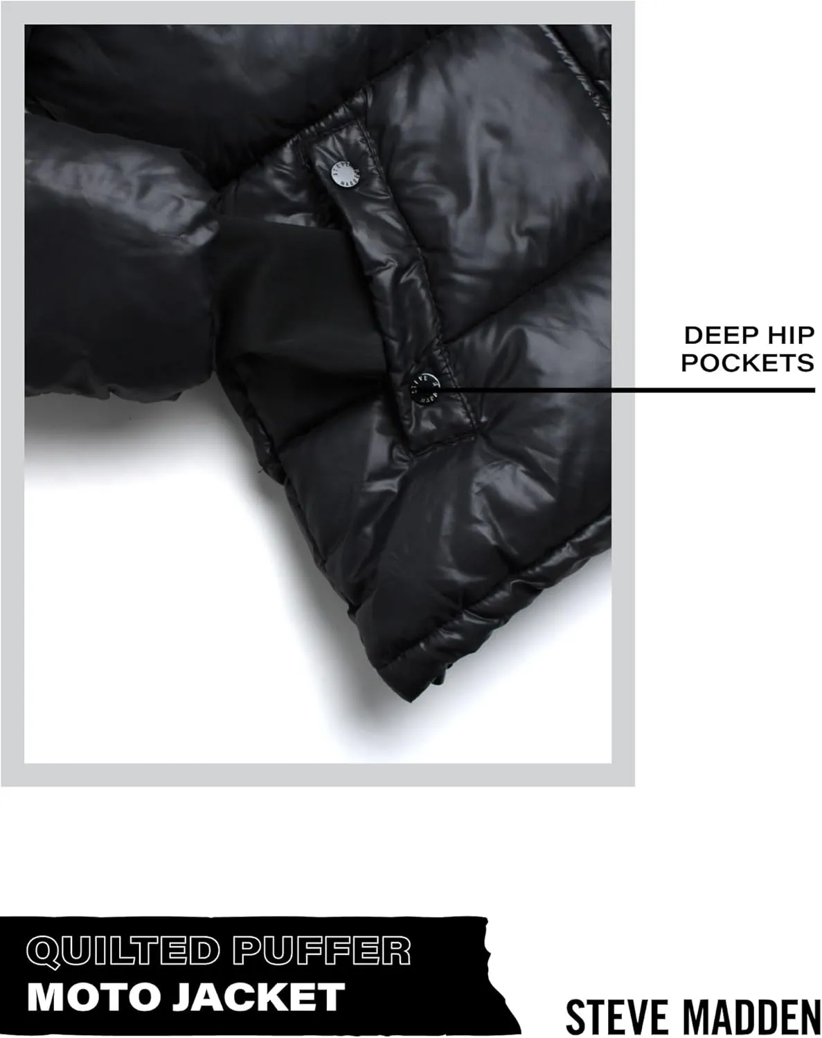 Steve Madden Quilted Moto Puffer Jacket - Heavyweight Hooded Winter Coat - Insulated Outerwear Jacket for Women (Sizes: S-XL)