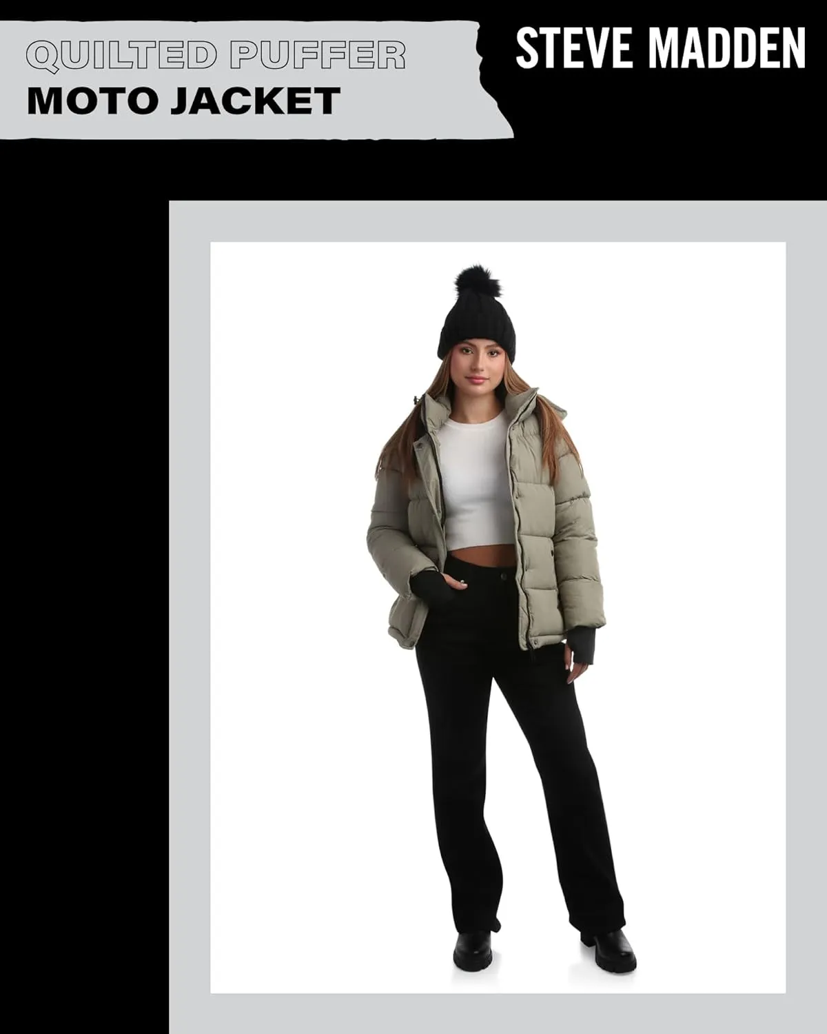 Steve Madden Quilted Moto Puffer Jacket - Heavyweight Hooded Winter Coat - Insulated Outerwear Jacket for Women (Sizes: S-XL)