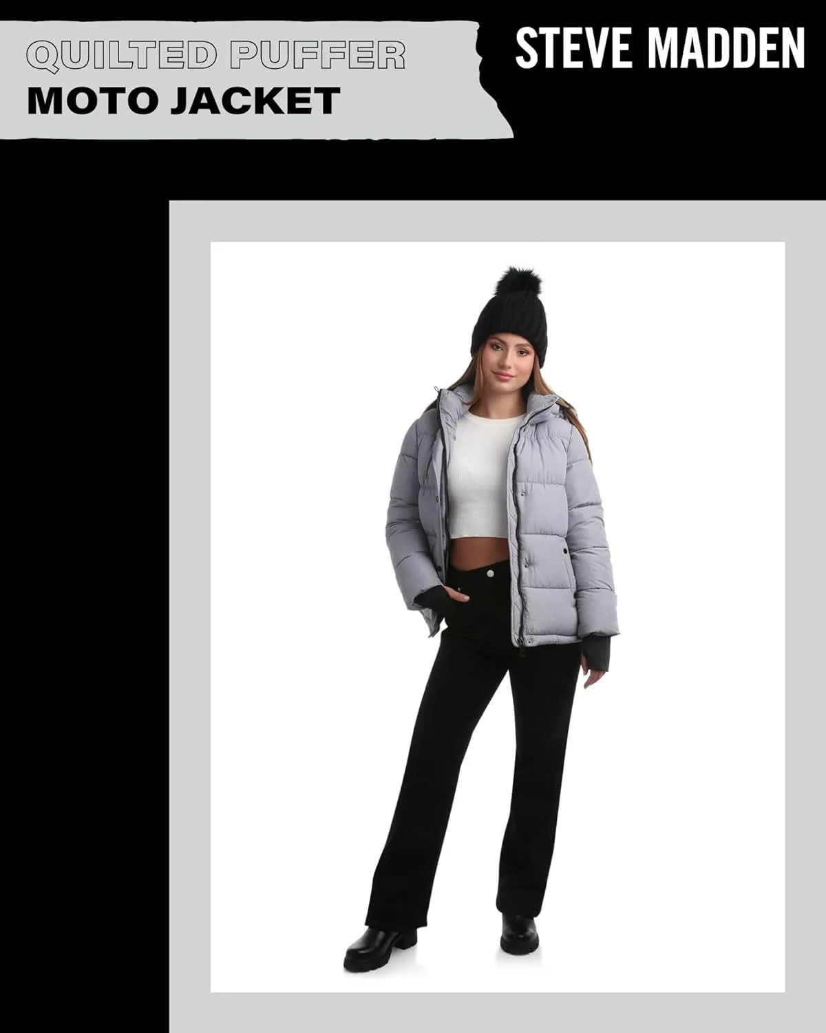 Steve Madden Quilted Moto Puffer Jacket - Heavyweight Hooded Winter Coat - Insulated Outerwear Jacket for Women (Sizes: S-XL)