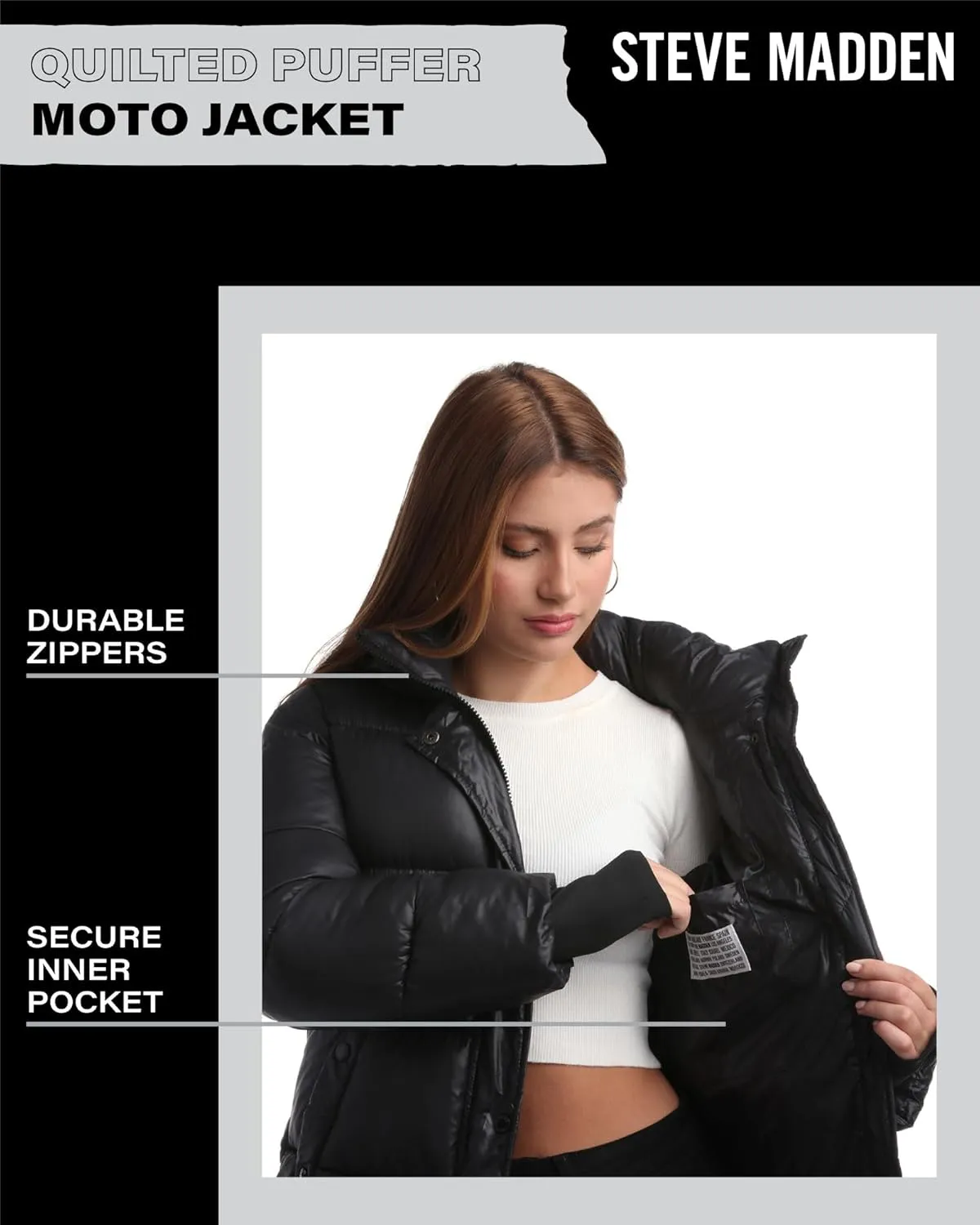 Steve Madden Quilted Moto Puffer Jacket - Heavyweight Hooded Winter Coat - Insulated Outerwear Jacket for Women (Sizes: S-XL)