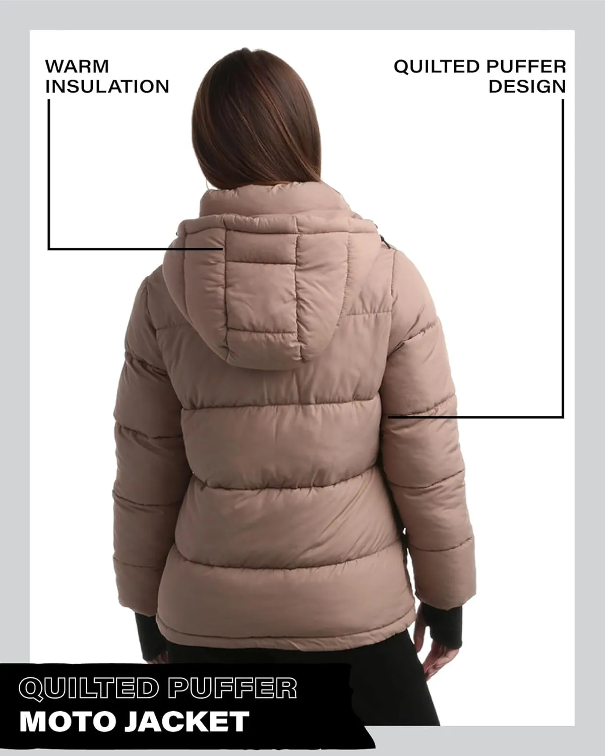 Steve Madden Quilted Moto Puffer Jacket - Heavyweight Hooded Winter Coat - Insulated Outerwear Jacket for Women (Sizes: S-XL)