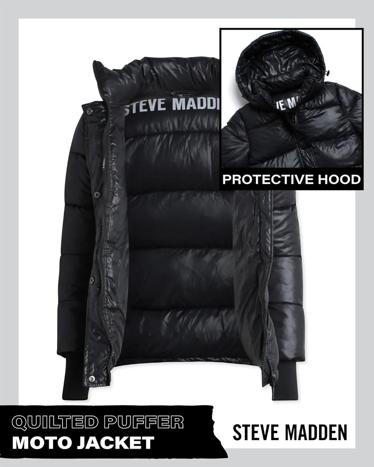 Steve Madden Quilted Moto Puffer Jacket - Heavyweight Hooded Winter Coat - Insulated Outerwear Jacket for Women (Sizes: S-XL)