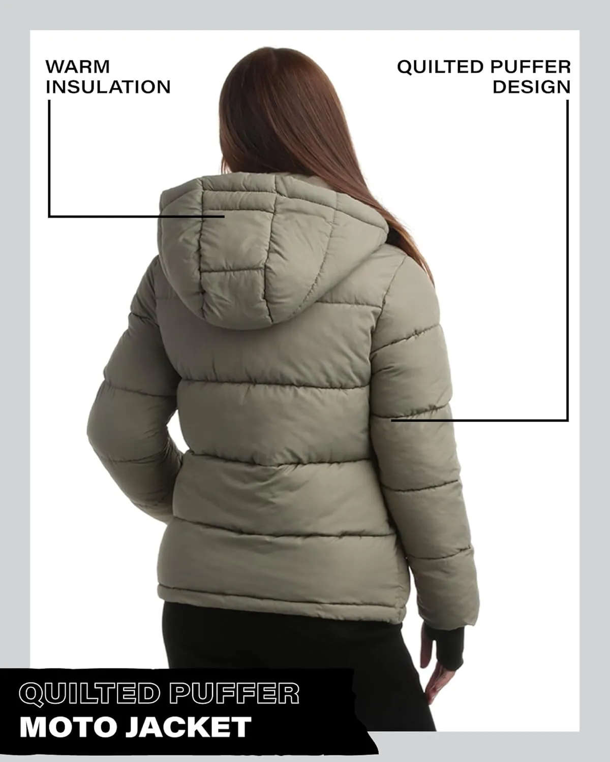 Steve Madden Quilted Moto Puffer Jacket - Heavyweight Hooded Winter Coat - Insulated Outerwear Jacket for Women (Sizes: S-XL)