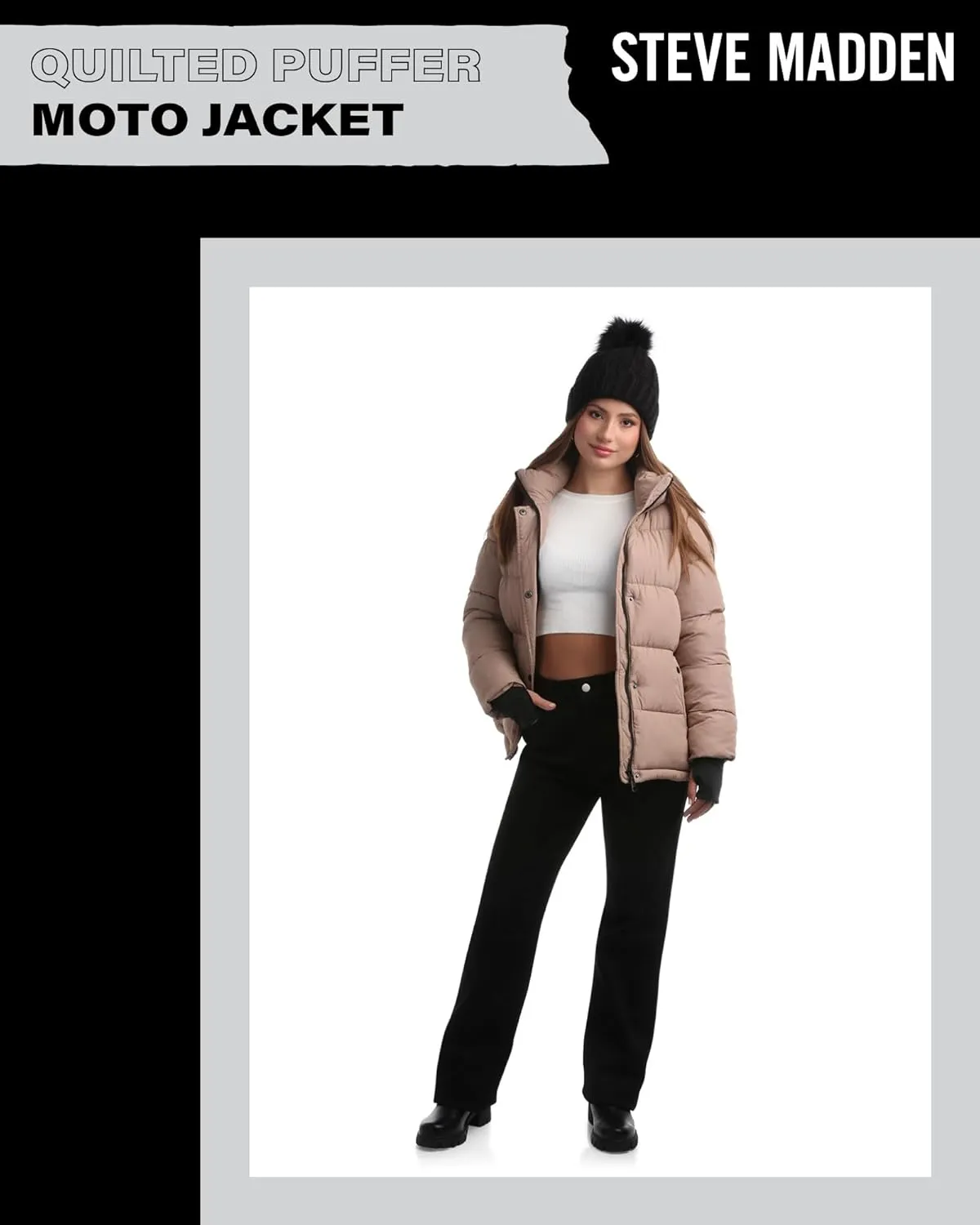 Steve Madden Quilted Moto Puffer Jacket - Heavyweight Hooded Winter Coat - Insulated Outerwear Jacket for Women (Sizes: S-XL)