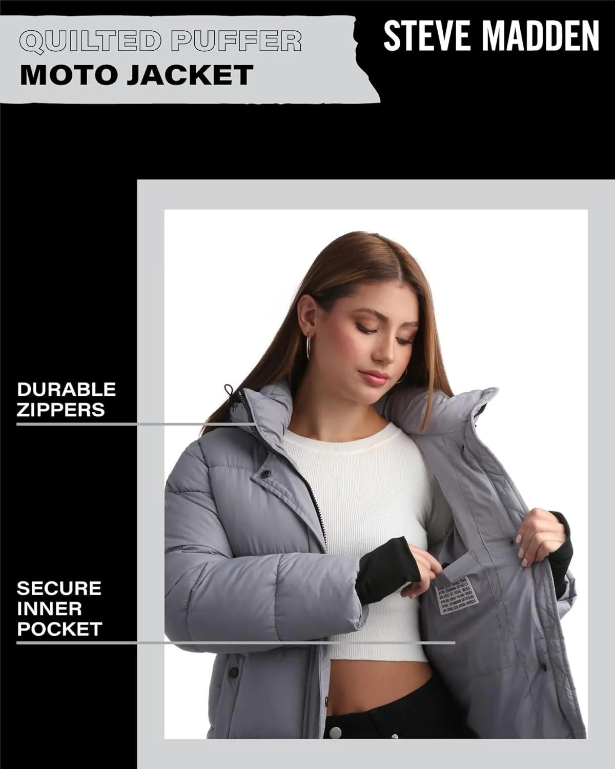 Steve Madden Quilted Moto Puffer Jacket - Heavyweight Hooded Winter Coat - Insulated Outerwear Jacket for Women (Sizes: S-XL)