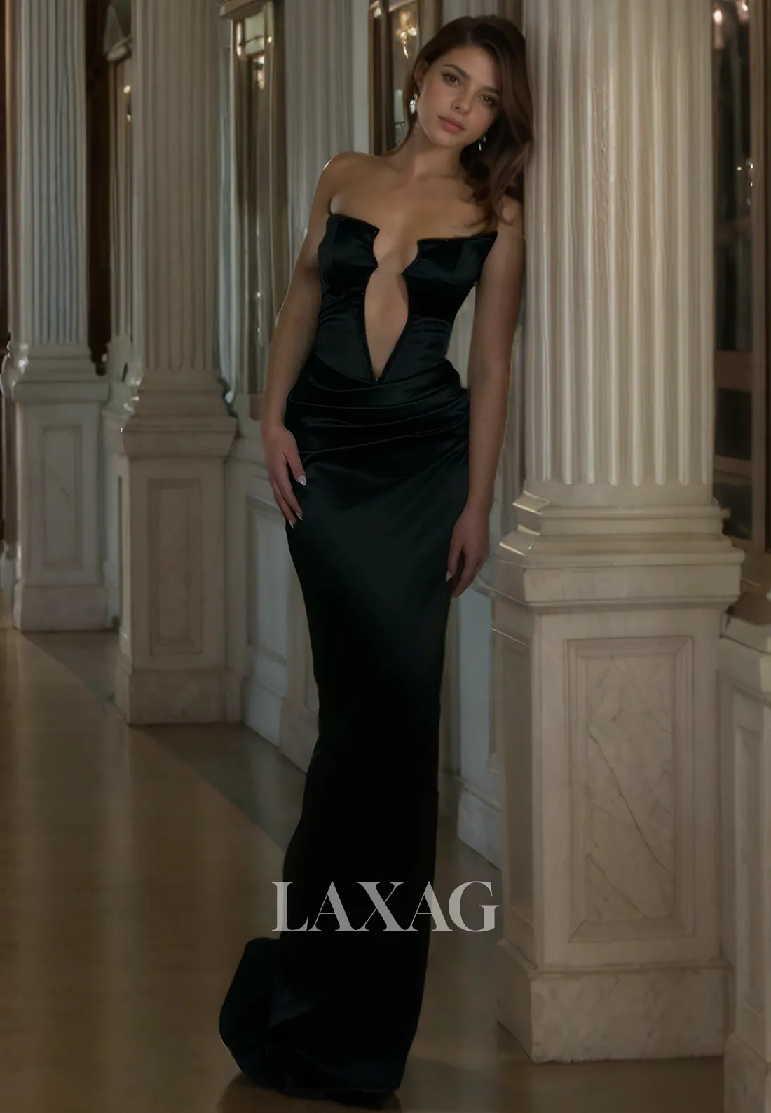 Strapless Beaded Sleek Satin Mermaid Party Prom Formal Evening Dress