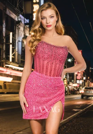 Strapless Beaded Tulle Sequins Fitted Party Homecoming Dress with Slit