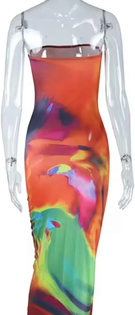 Strapless Maxi Dress, Multicolor Watercolor Abstract Tie-Dye Print, Bodycon Fitted Style, Floor Length