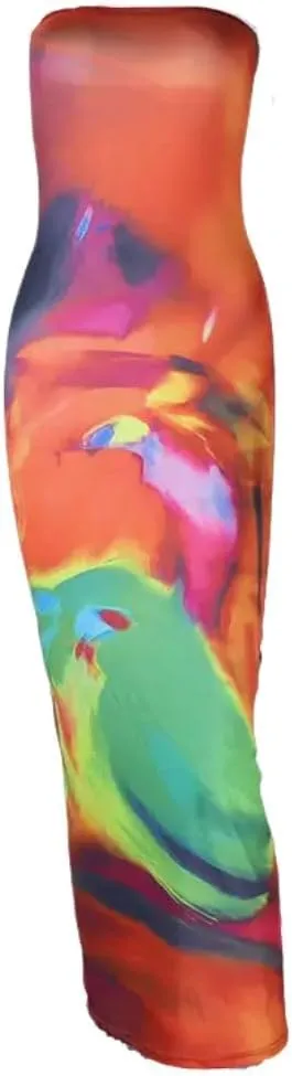 Strapless Maxi Dress, Multicolor Watercolor Abstract Tie-Dye Print, Bodycon Fitted Style, Floor Length