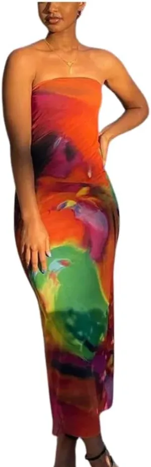 Strapless Maxi Dress, Multicolor Watercolor Abstract Tie-Dye Print, Bodycon Fitted Style, Floor Length