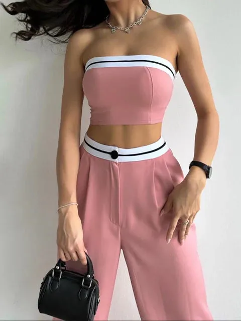 Strapless Top Wide Leg Pant Two Pieces Sexy Tracksuit Style Jumpsuits