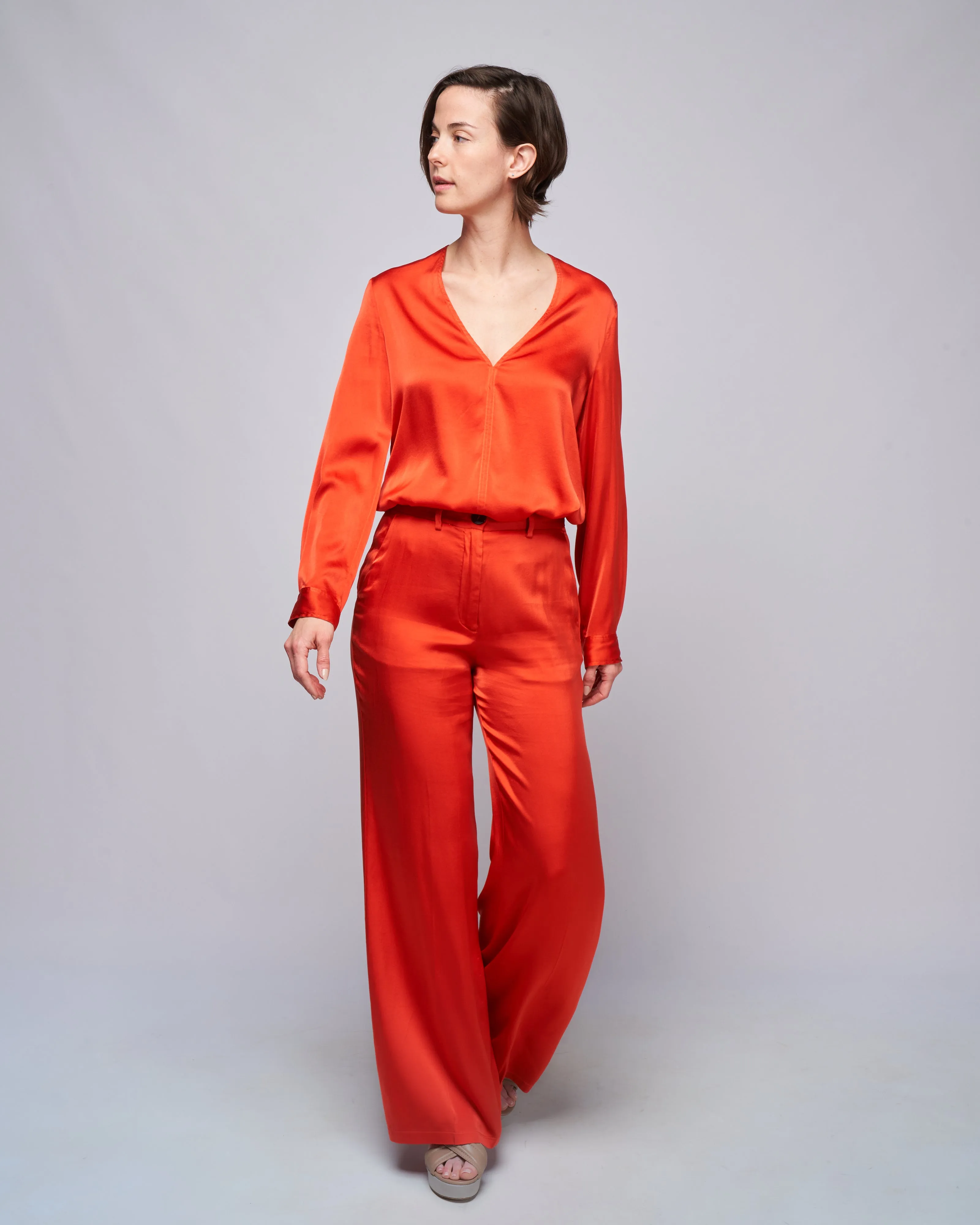 stretch silk satin wide pant - deep orange