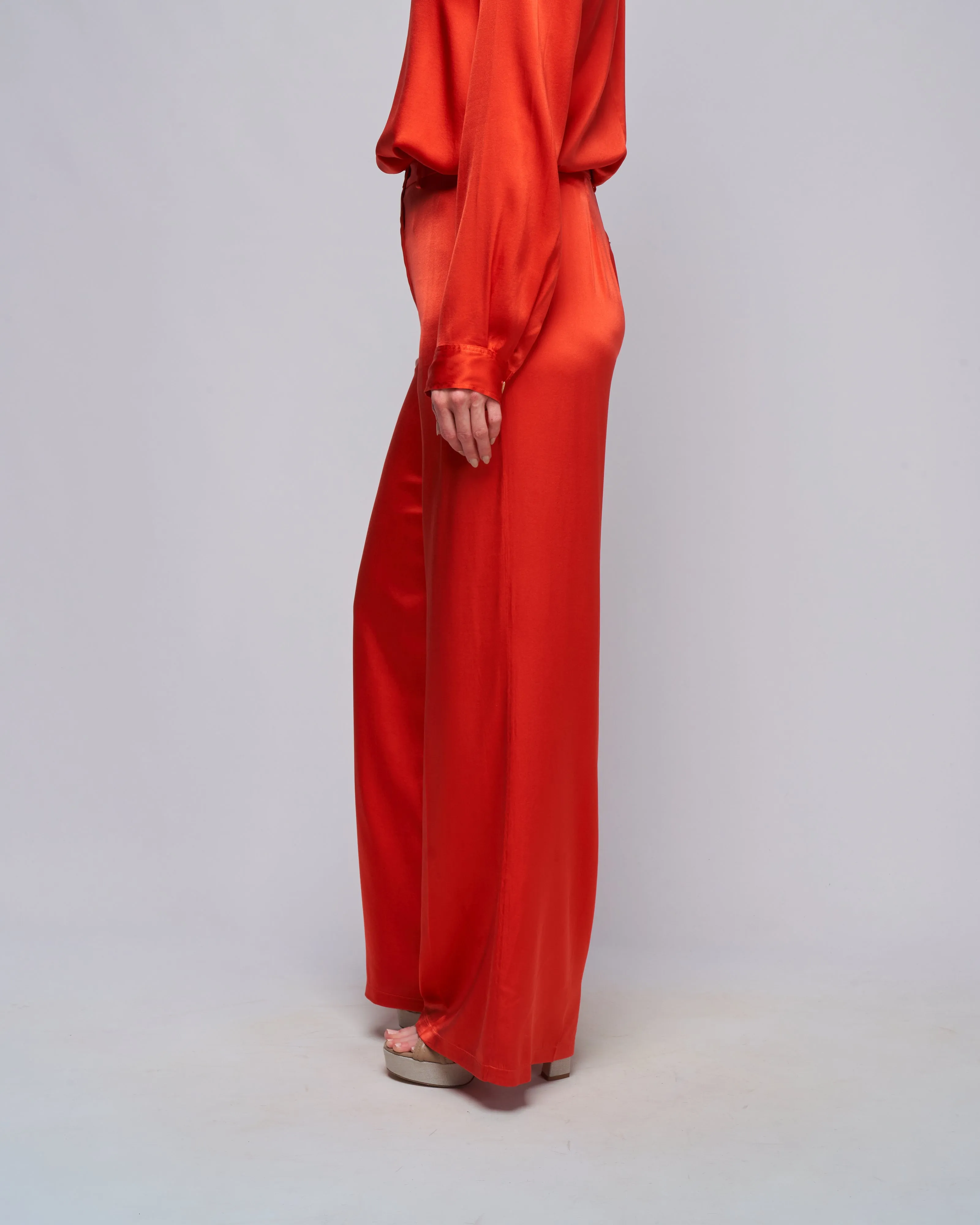 stretch silk satin wide pant - deep orange