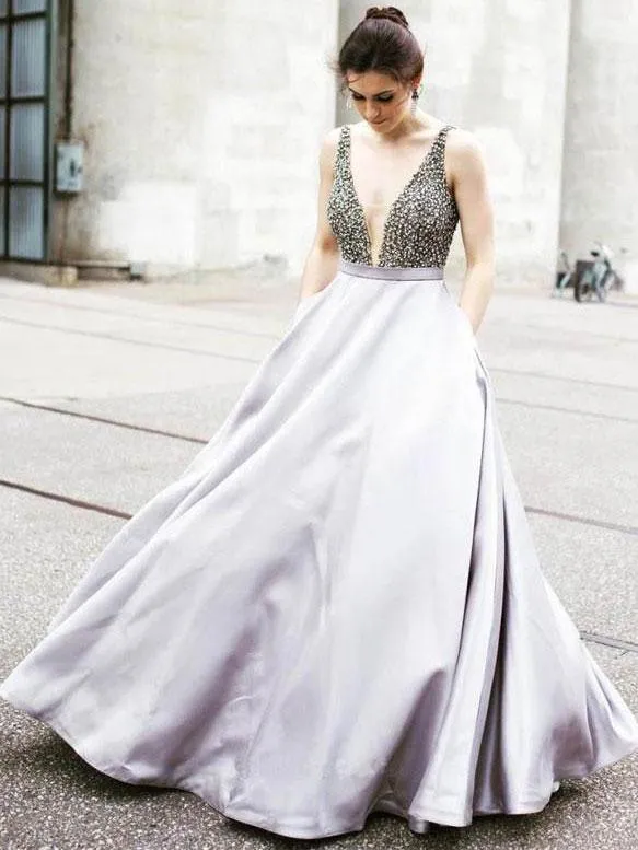 Stunning Satin V-neck Neckline Sweep Train A-line Evening Dresses With Beading PD043