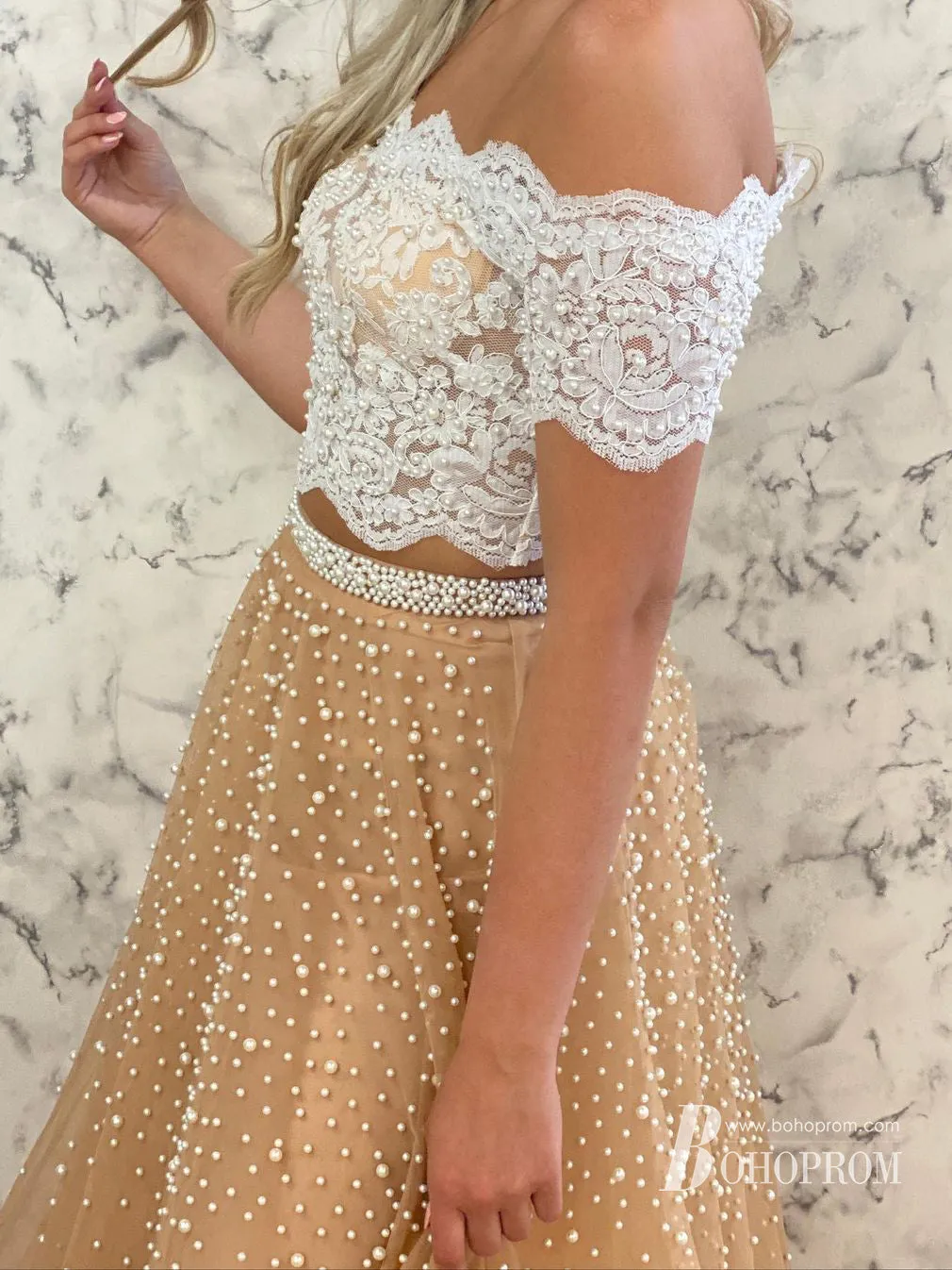 Stunning Tulle 2 Piece Off-the-shoulder Neckline A-line Prom Dresses With Beadings PD627