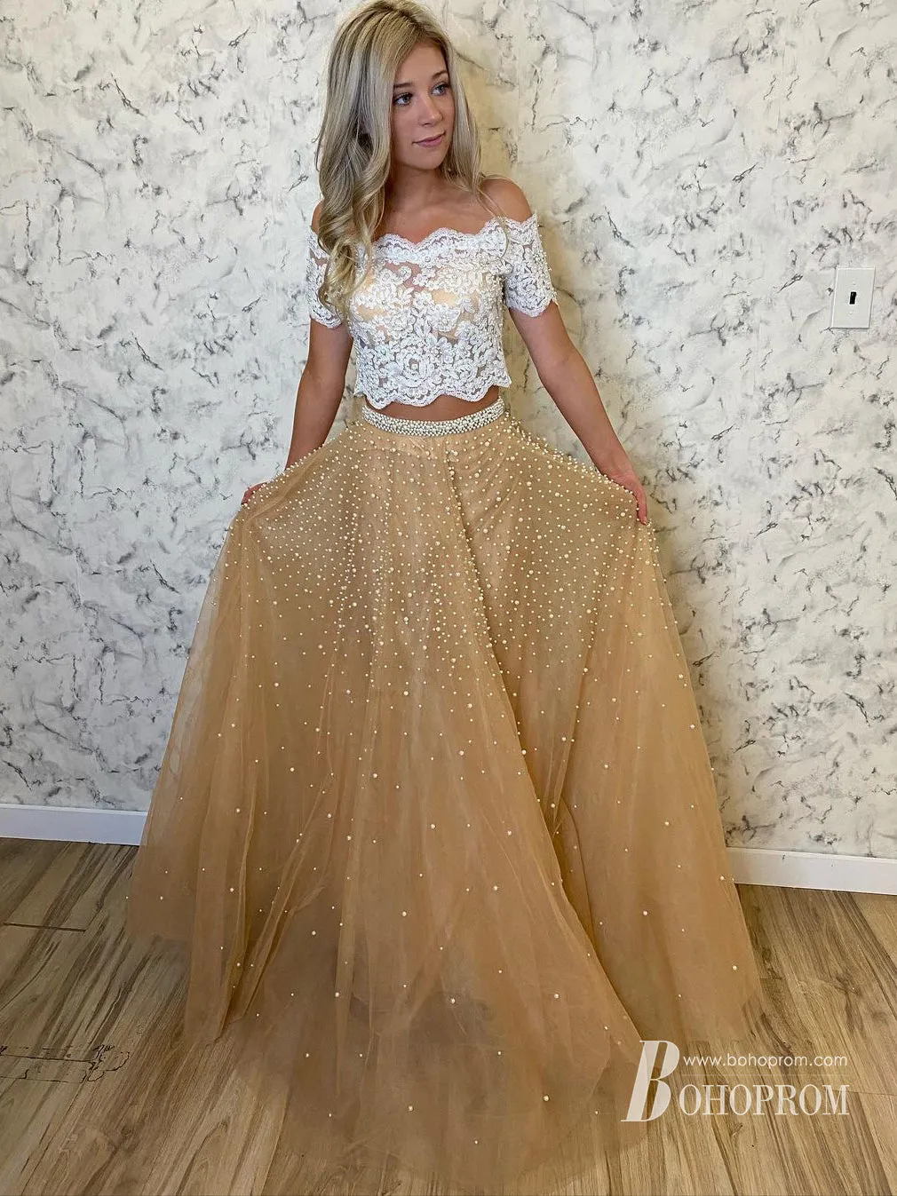 Stunning Tulle 2 Piece Off-the-shoulder Neckline A-line Prom Dresses With Beadings PD627