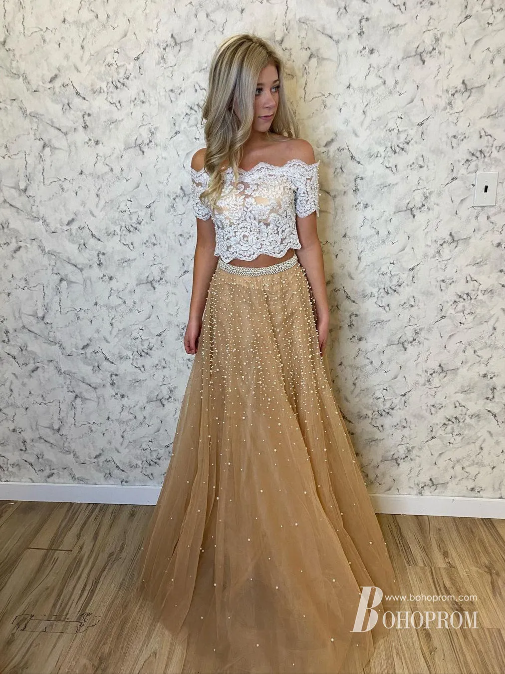 Stunning Tulle 2 Piece Off-the-shoulder Neckline A-line Prom Dresses With Beadings PD627