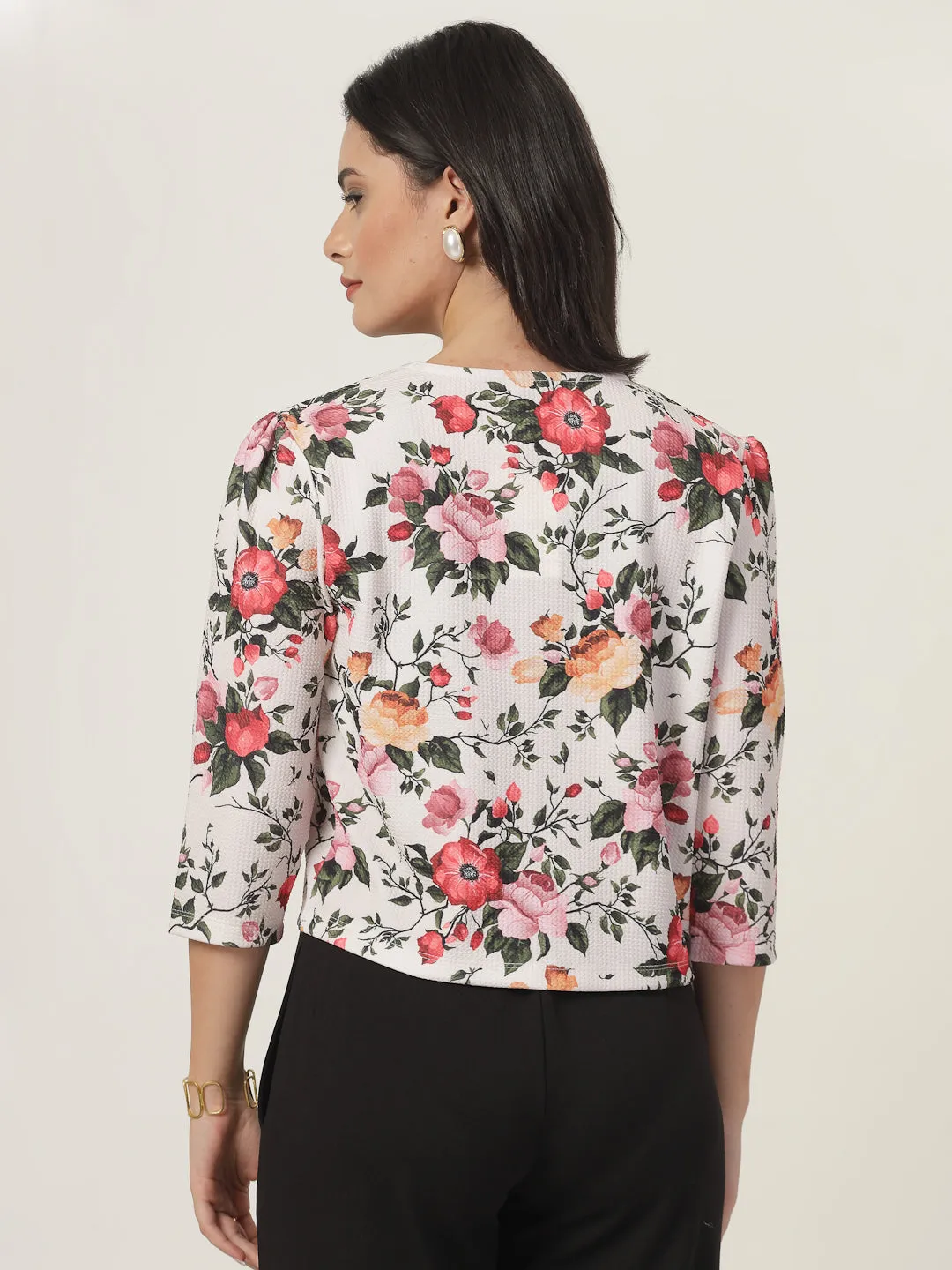 Style Quotient Women Beige Floral Printed Shrug with puffed 3/4th sleeves