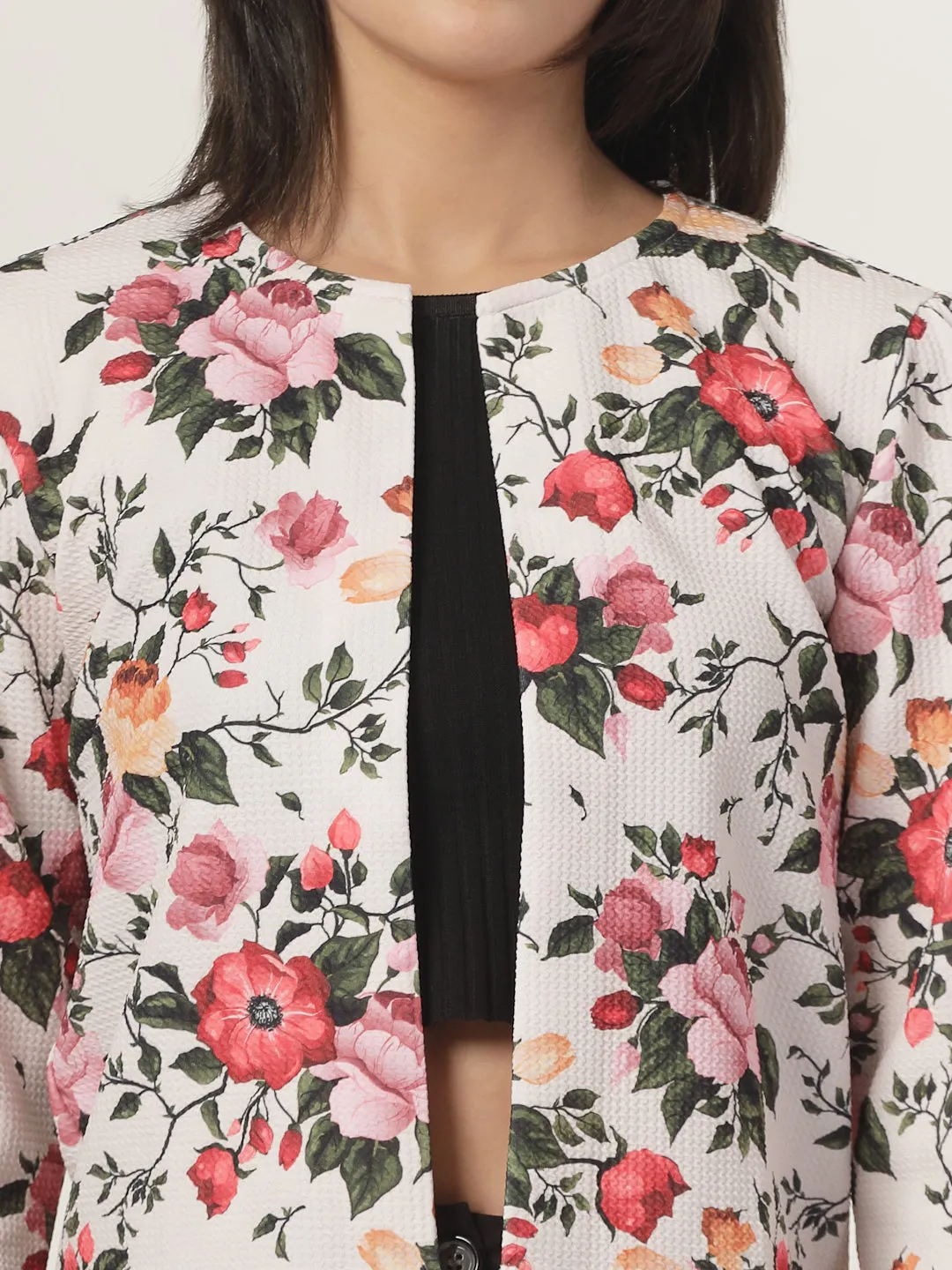 Style Quotient Women Beige Floral Printed Shrug with puffed 3/4th sleeves
