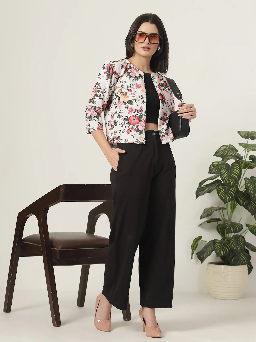 Style Quotient Women Beige Floral Printed Shrug with puffed 3/4th sleeves