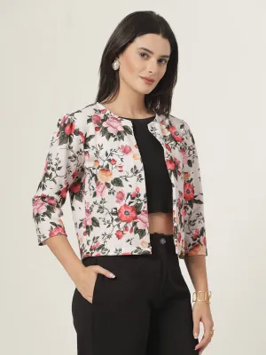 Style Quotient Women Beige Floral Printed Shrug with puffed 3/4th sleeves