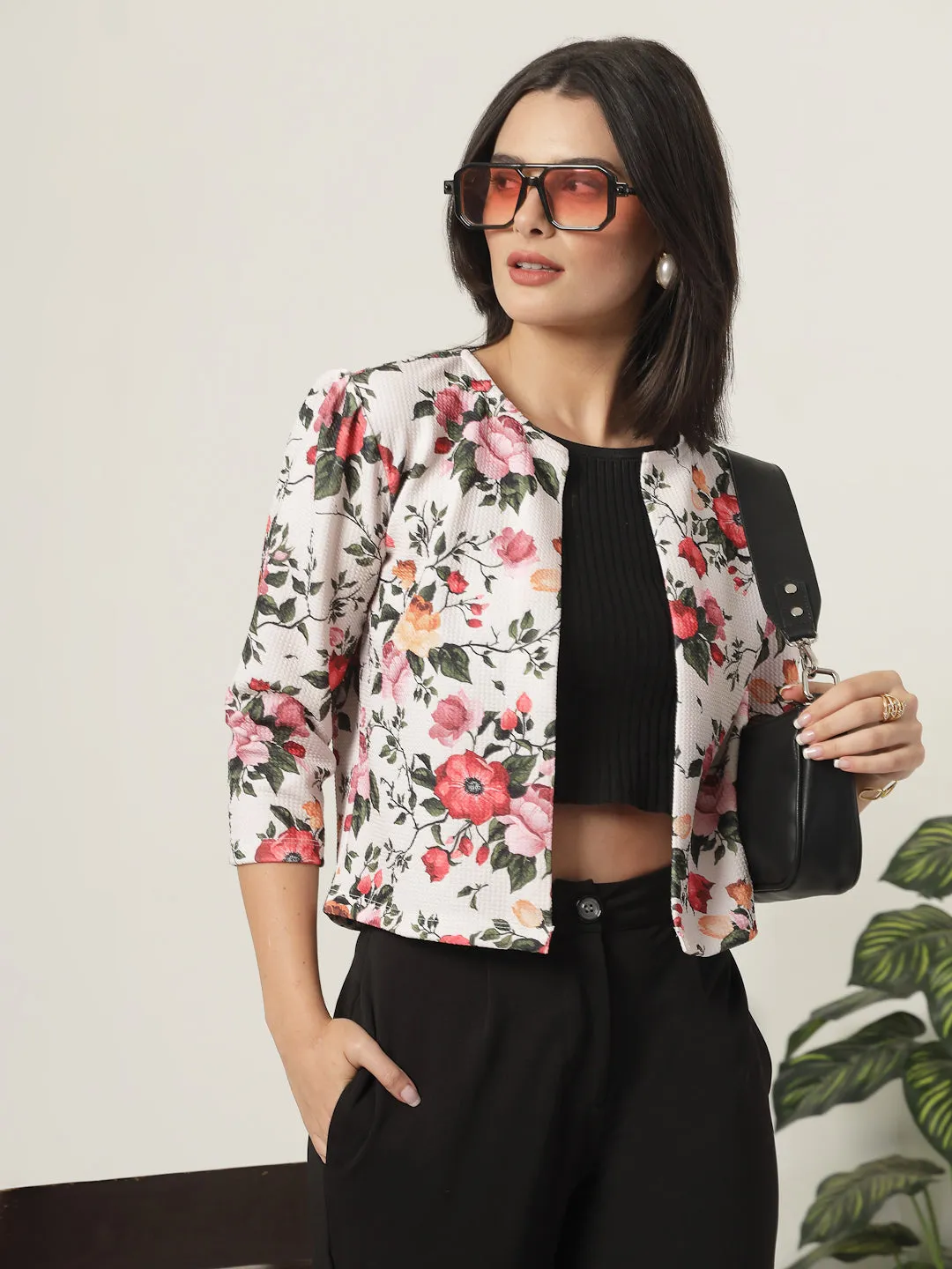 Style Quotient Women Beige Floral Printed Shrug with puffed 3/4th sleeves