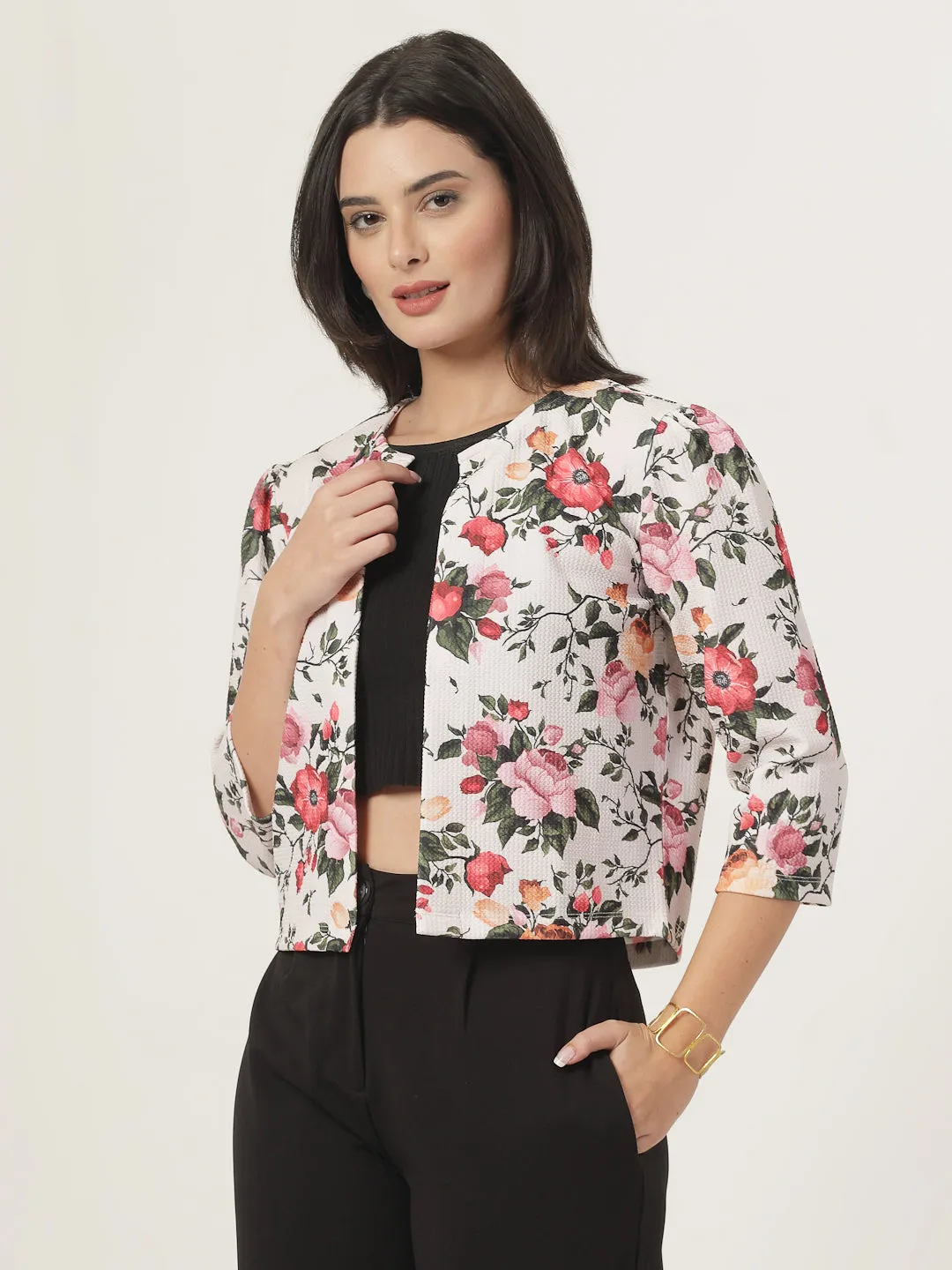 Style Quotient Women Beige Floral Printed Shrug with puffed 3/4th sleeves