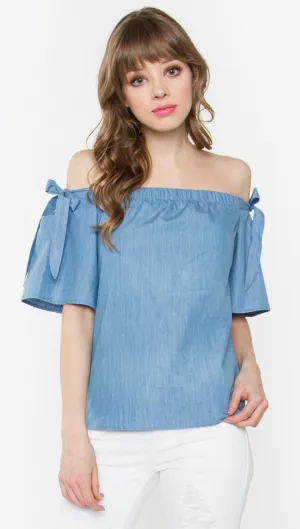 Sugar Lips Tranquil Off Shoulder Tie Sleeve Top in Denim Blue