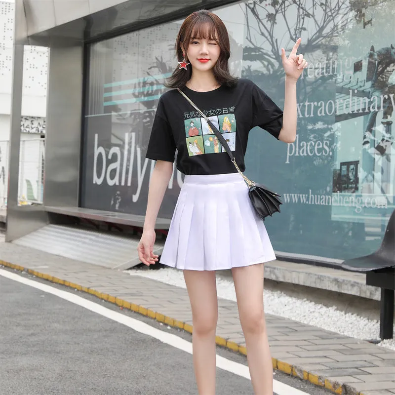 Suits Fabric High Waist Pleated Women Summer Skirt A-Line Slim-Look Anti-Exposed Black