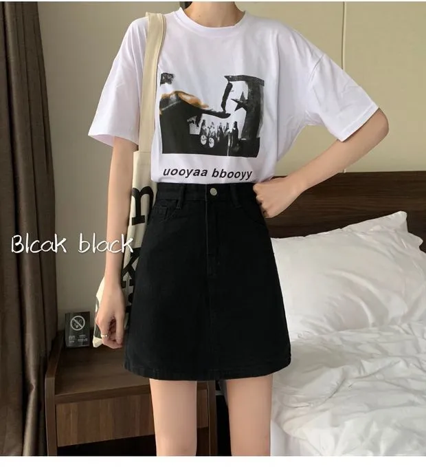Summer Black Denim Skirt Women Korean Trendy A-Line High Waist Slim Look Hip Flattering Skirt