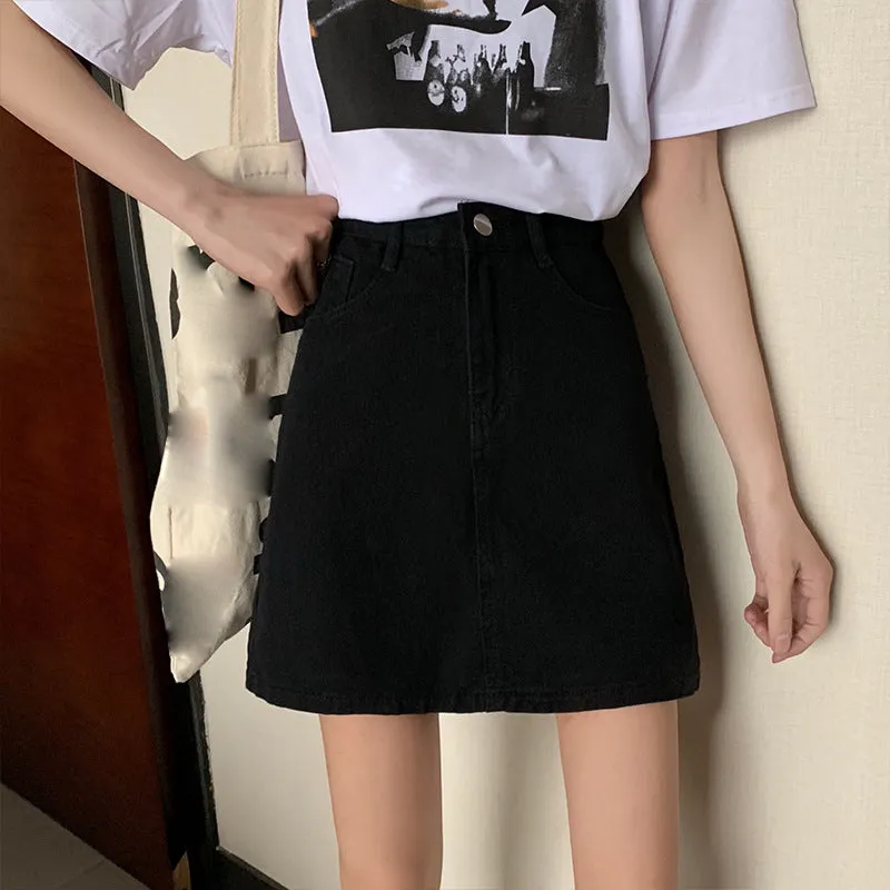 Summer Black Denim Skirt Women Korean Trendy A-Line High Waist Slim Look Hip Flattering Skirt