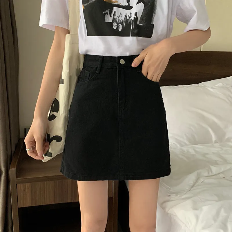 Summer Black Denim Skirt Women Korean Trendy A-Line High Waist Slim Look Hip Flattering Skirt