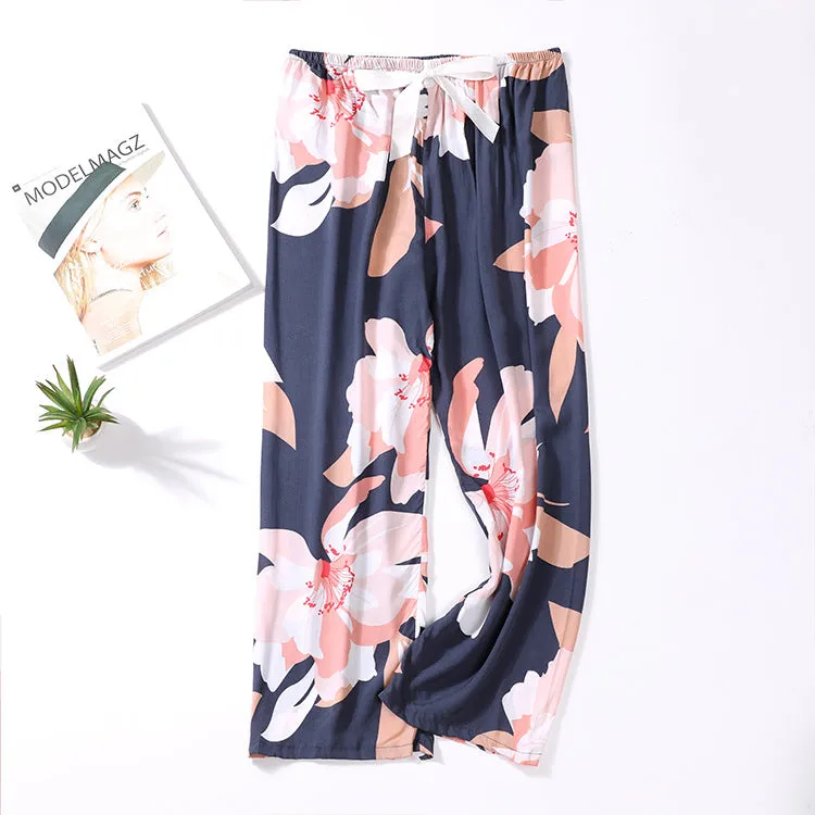 Summer Cotton Plus Size Loose High Waist Women Pajamas Pants Long Wide Leg Ankle-Length Outdoor Sleepwear