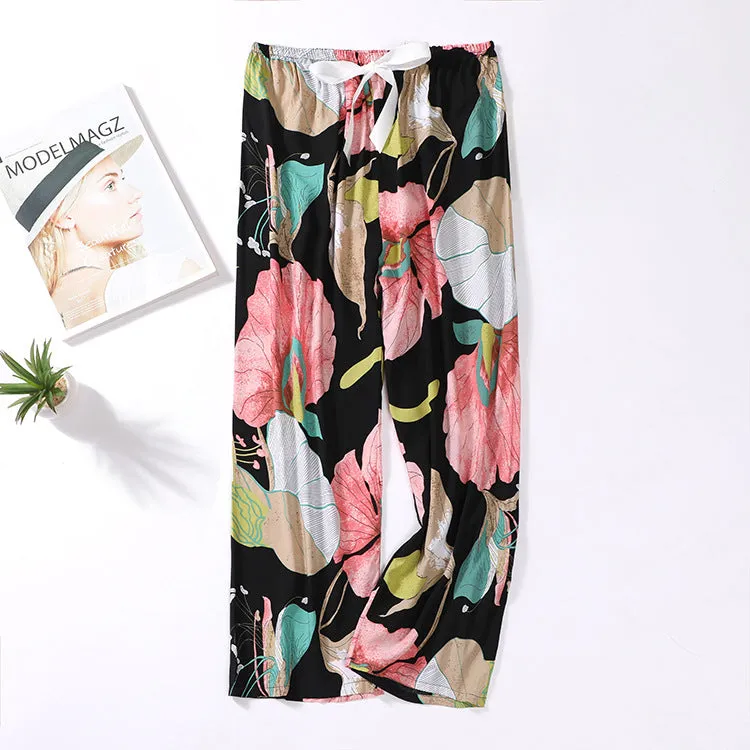 Summer Cotton Plus Size Loose High Waist Women Pajamas Pants Long Wide Leg Ankle-Length Outdoor Sleepwear