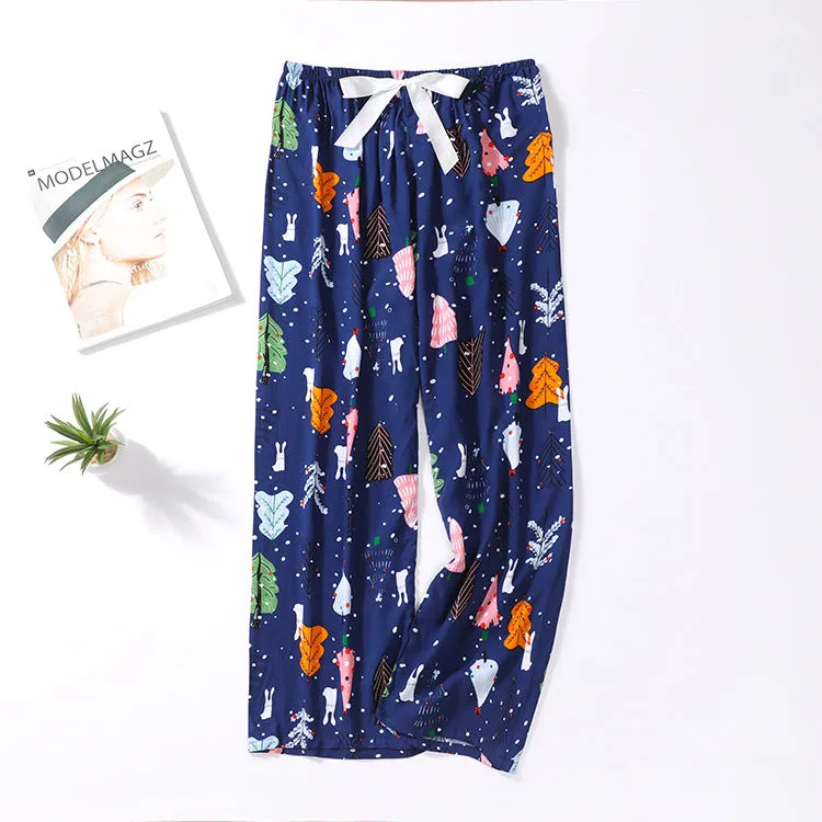 Summer Cotton Plus Size Loose High Waist Women Pajamas Pants Long Wide Leg Ankle-Length Outdoor Sleepwear