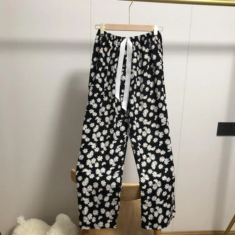 Summer Cotton Plus Size Loose High Waist Women Pajamas Pants Long Wide Leg Ankle-Length Outdoor Sleepwear
