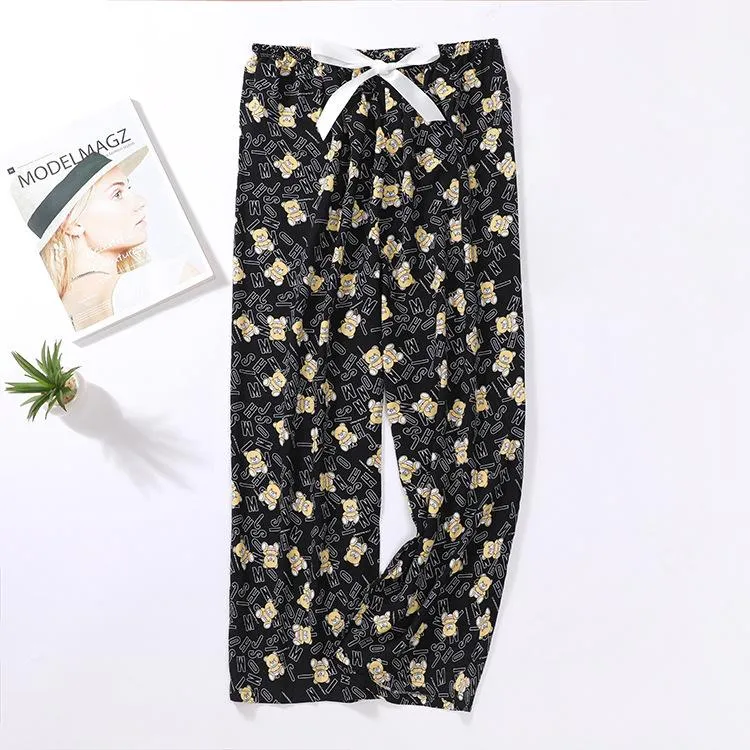 Summer Cotton Plus Size Loose High Waist Women Pajamas Pants Long Wide Leg Ankle-Length Outdoor Sleepwear