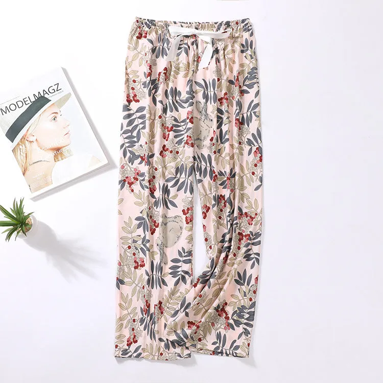 Summer Cotton Plus Size Loose High Waist Women Pajamas Pants Long Wide Leg Ankle-Length Outdoor Sleepwear