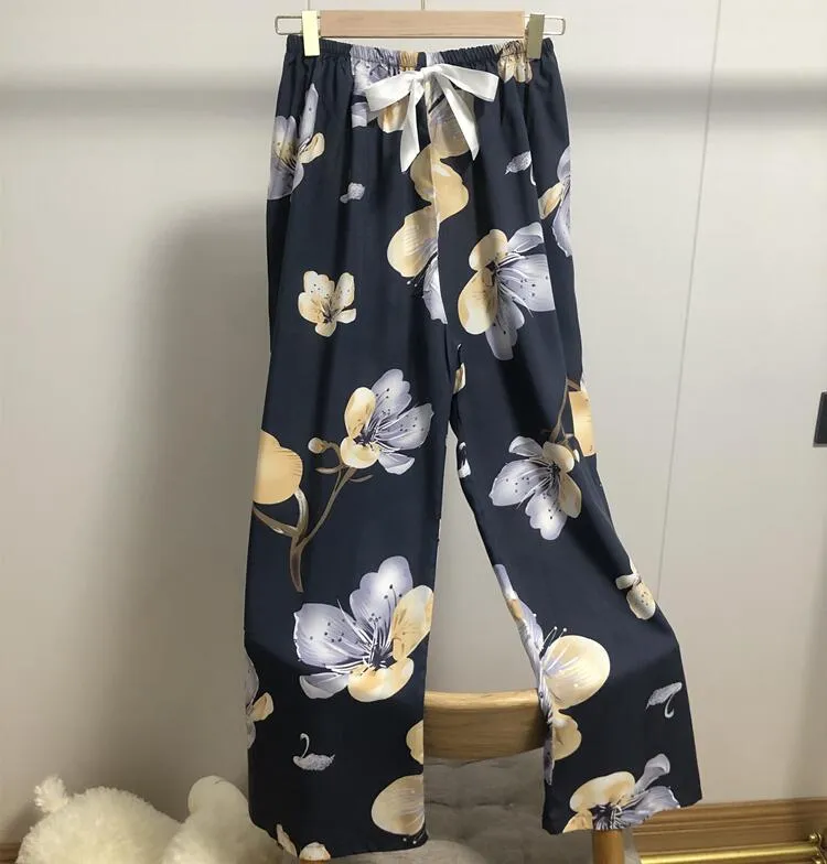 Summer Cotton Plus Size Loose High Waist Women Pajamas Pants Long Wide Leg Ankle-Length Outdoor Sleepwear