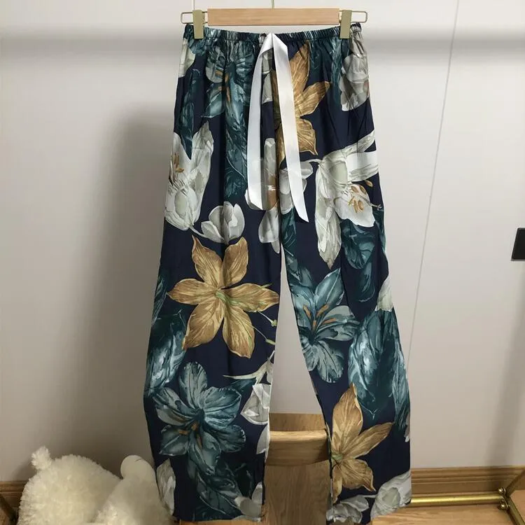 Summer Cotton Plus Size Loose High Waist Women Pajamas Pants Long Wide Leg Ankle-Length Outdoor Sleepwear