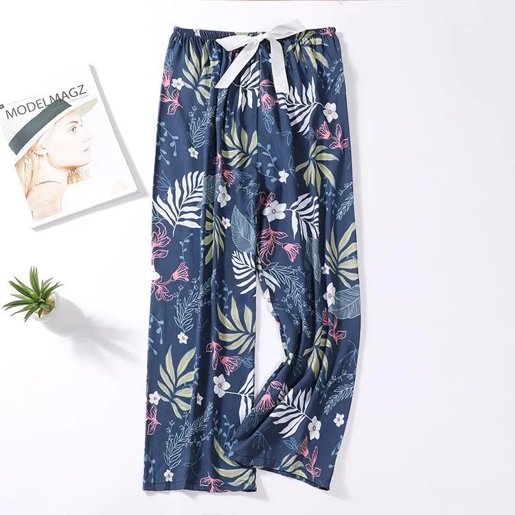 Summer Cotton Plus Size Loose High Waist Women Pajamas Pants Long Wide Leg Ankle-Length Outdoor Sleepwear