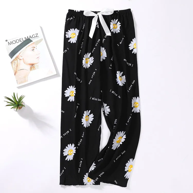 Summer Cotton Plus Size Loose High Waist Women Pajamas Pants Long Wide Leg Ankle-Length Outdoor Sleepwear