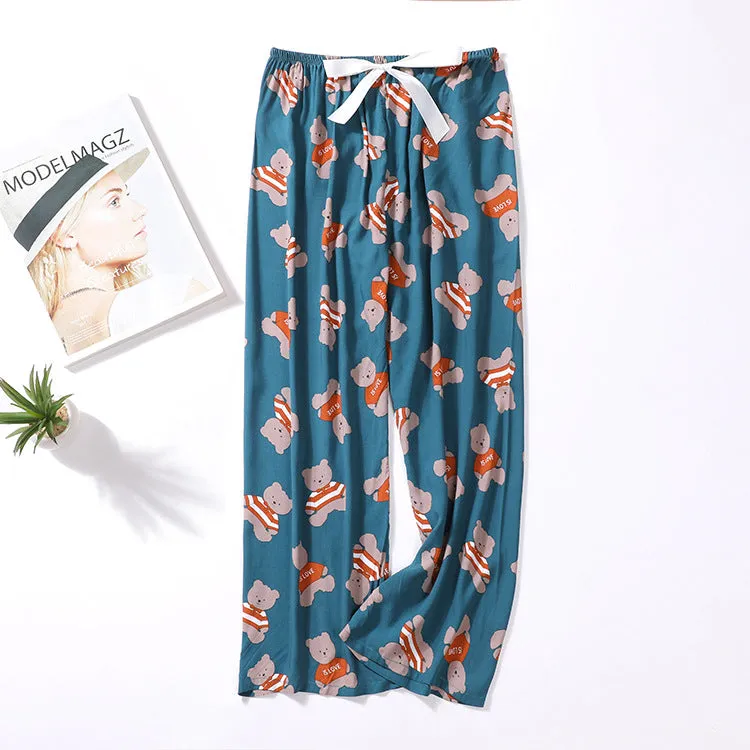 Summer Cotton Plus Size Loose High Waist Women Pajamas Pants Long Wide Leg Ankle-Length Outdoor Sleepwear