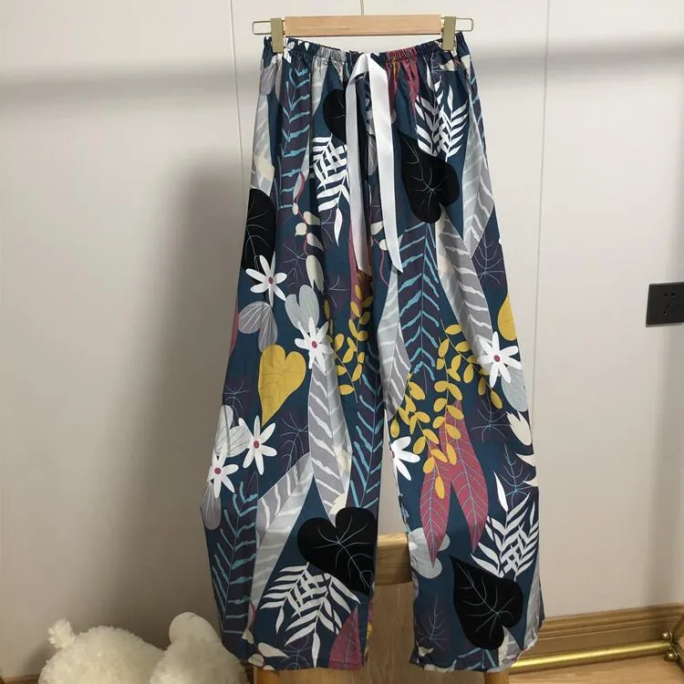 Summer Cotton Plus Size Loose High Waist Women Pajamas Pants Long Wide Leg Ankle-Length Outdoor Sleepwear