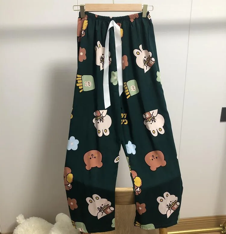 Summer Cotton Plus Size Loose High Waist Women Pajamas Pants Long Wide Leg Ankle-Length Outdoor Sleepwear