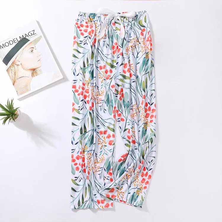 Summer Cotton Plus Size Loose High Waist Women Pajamas Pants Long Wide Leg Ankle-Length Outdoor Sleepwear