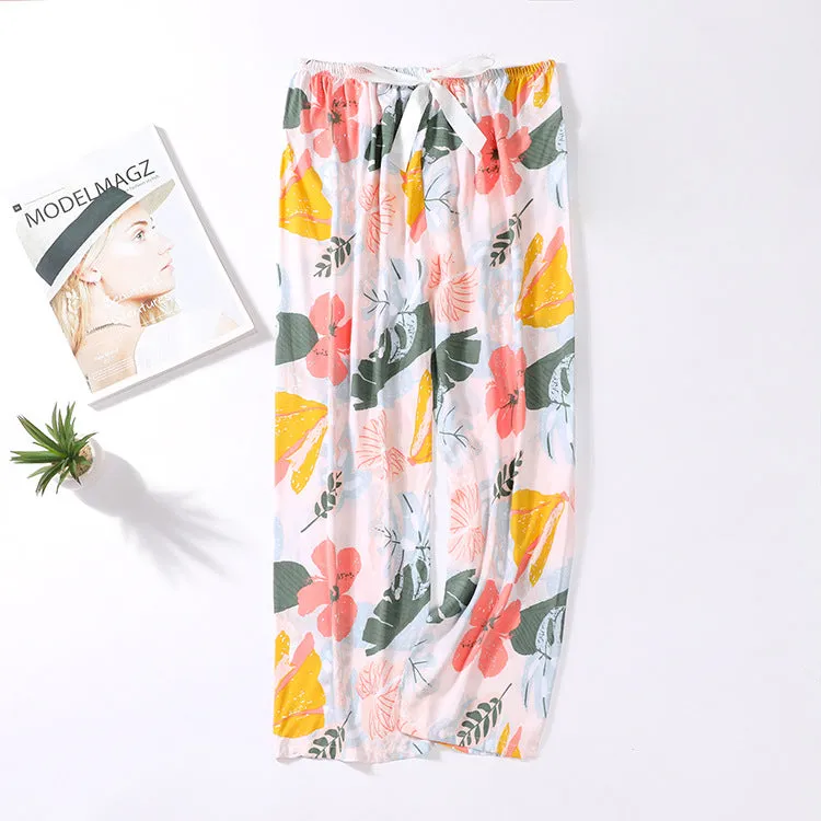 Summer Cotton Plus Size Loose High Waist Women Pajamas Pants Long Wide Leg Ankle-Length Outdoor Sleepwear